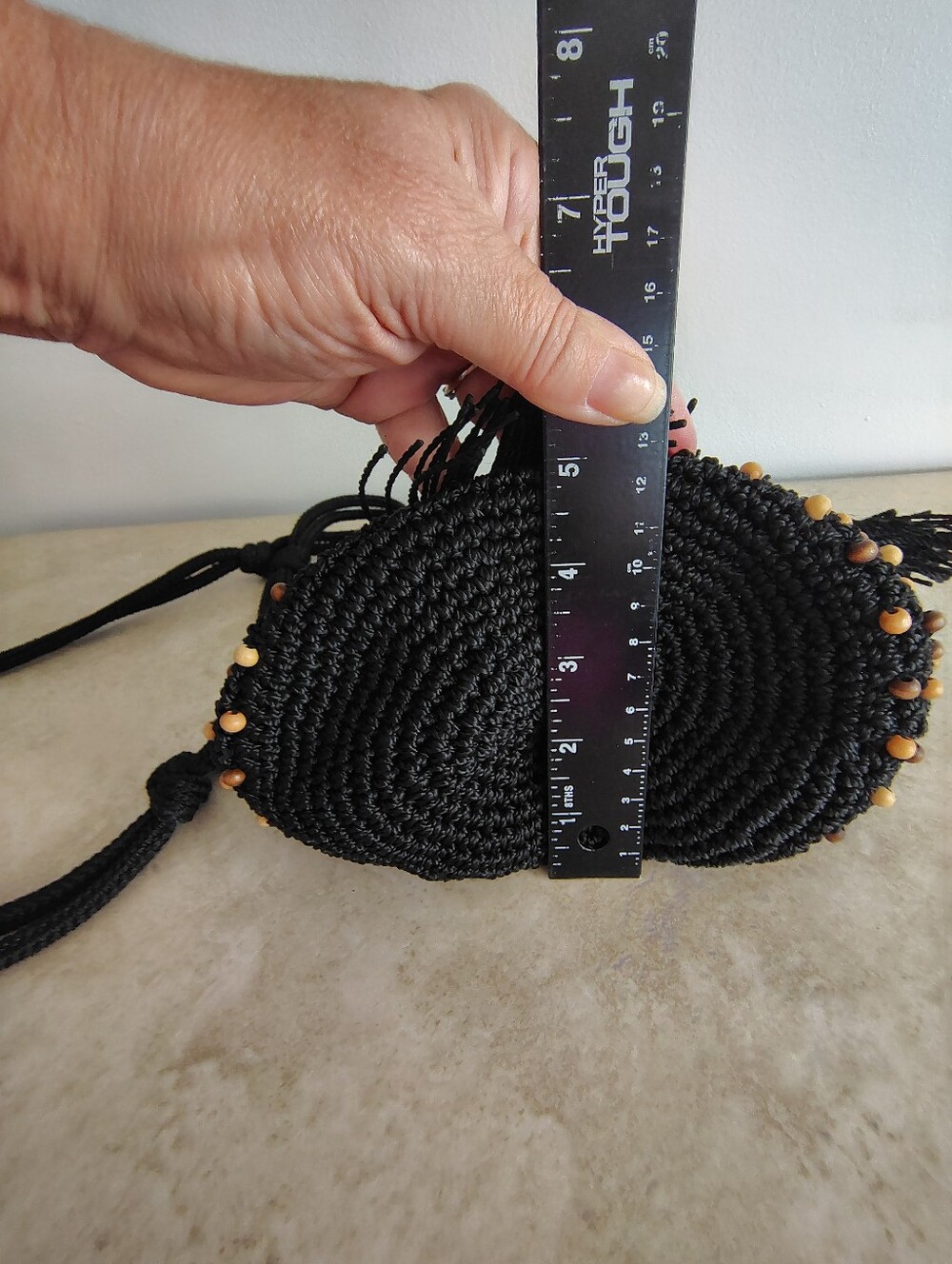 The Sak Black Crochet Crossbody Bag Wood Beads Tassel Drawstring Boho Bali - Picture 8 of 12